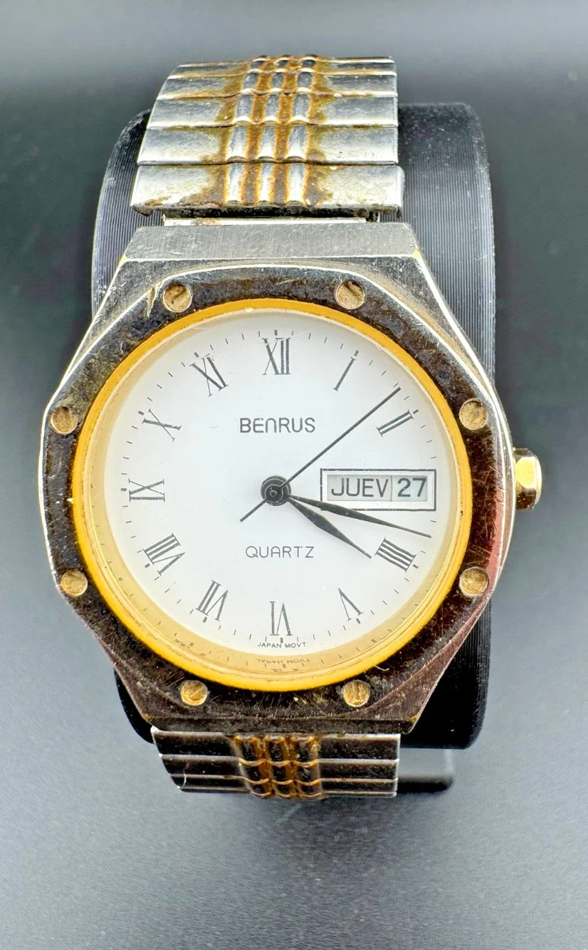 Vintage Benrus Quartz Two Tone Octagon Watch Day Date